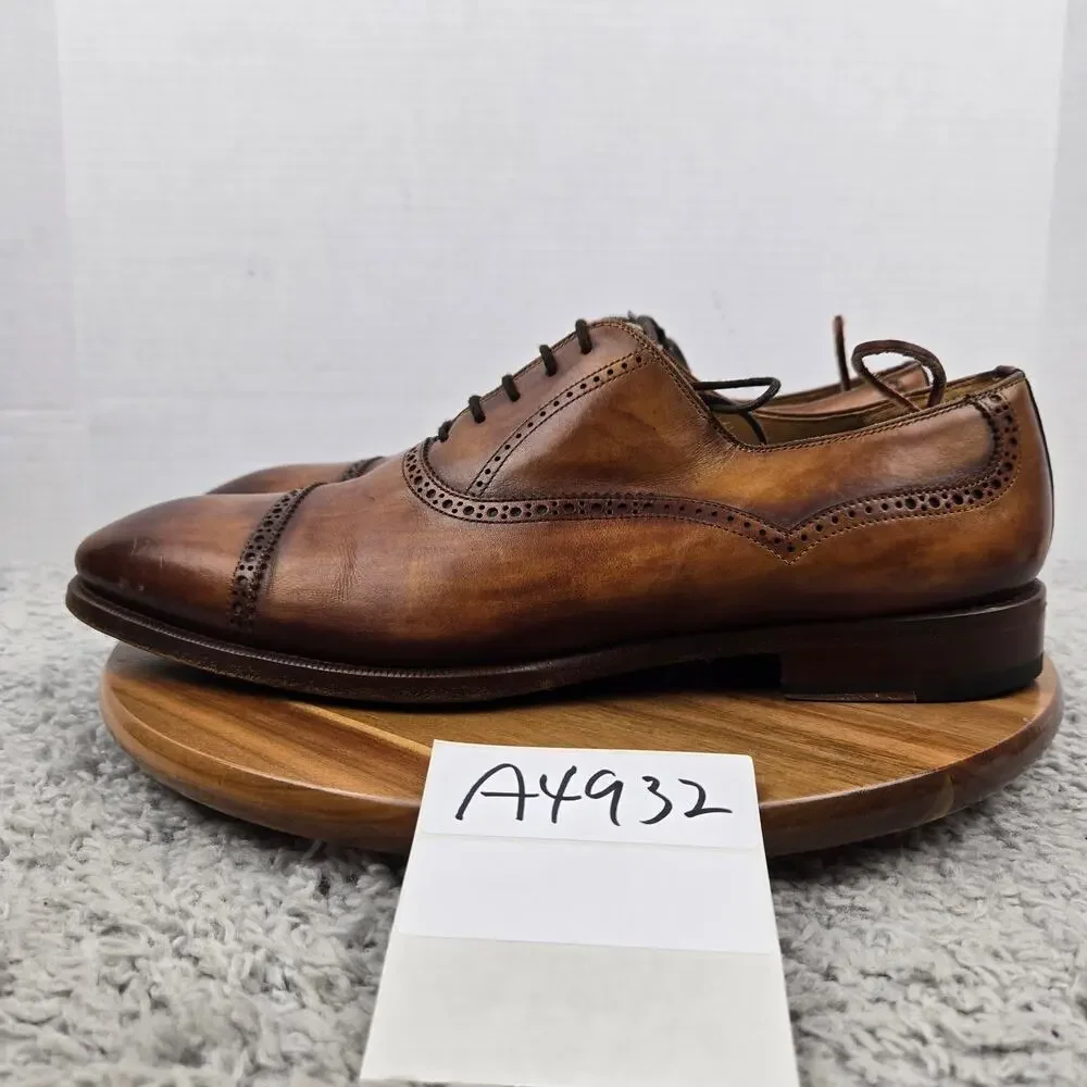 Magnanni Men 13M Brown Burnished Leather Office Cap Toe Brogue Oxford Dress Shoe